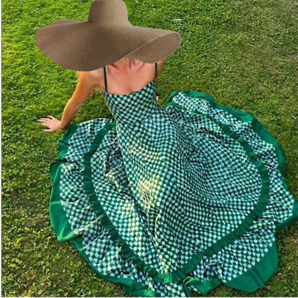 Green/White Checkmate Checkered Maxi Pleated Dress - Picture 4 of 16